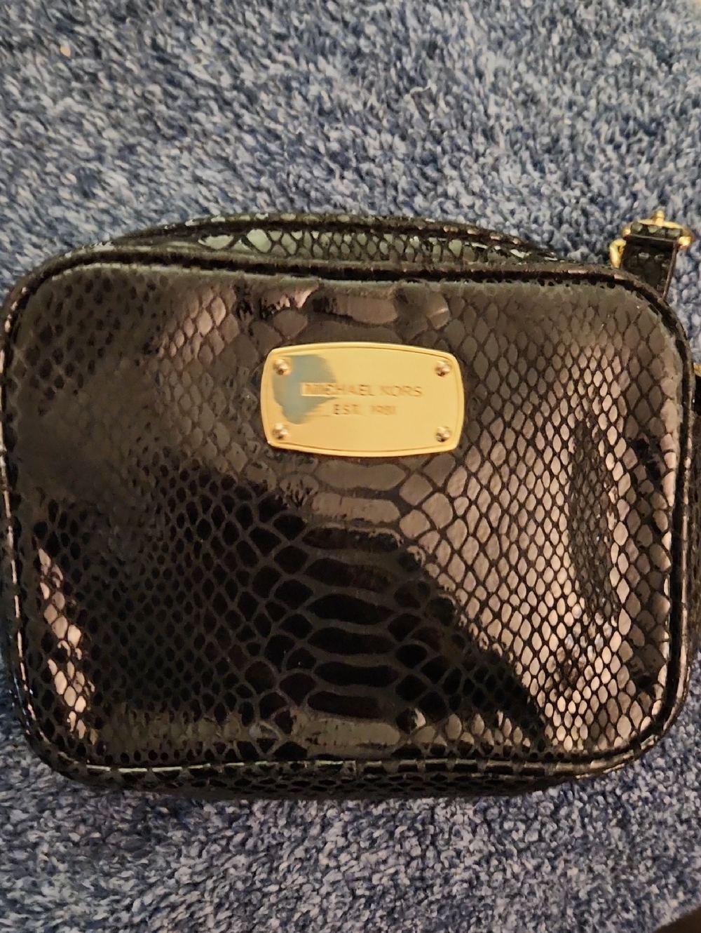 Michael Kors Black Patent Snake-Embossed Makeup Case with Gold Plaque
